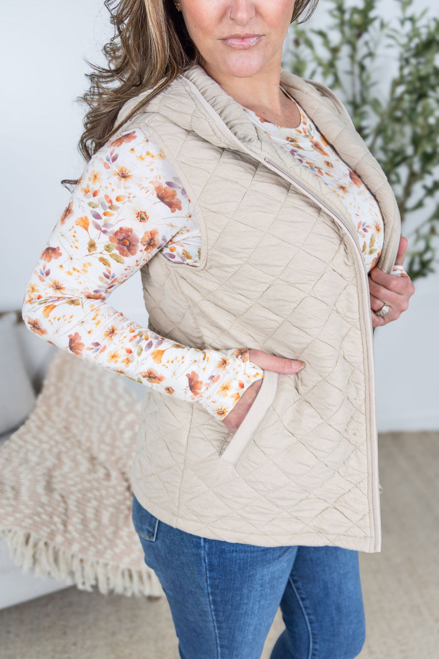 WAREHOUSE Heather Hooded Vest - Beige