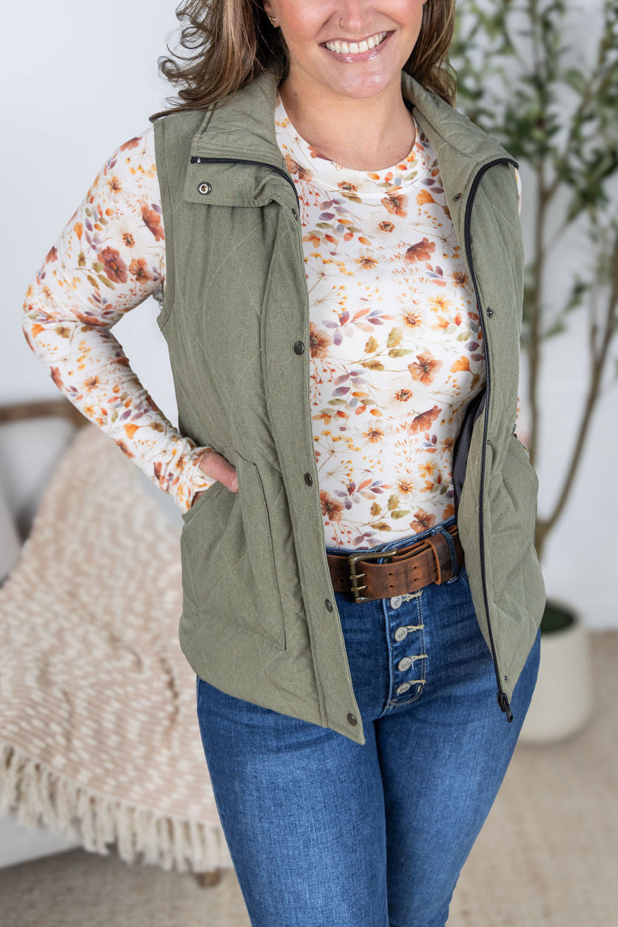 WAREHOUSE Remy Zip Up Vest - Heathered Sage