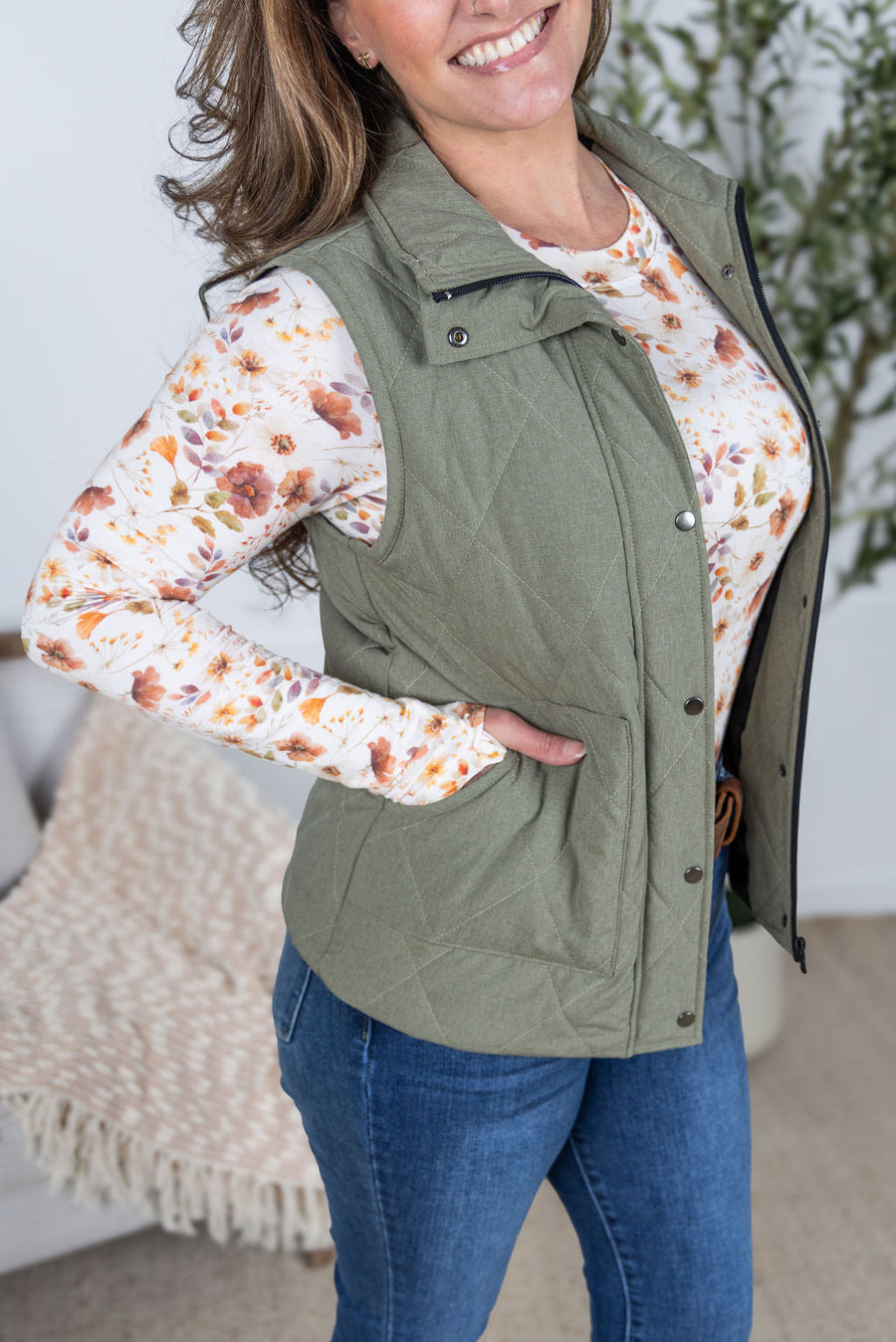 WAREHOUSE Remy Zip Up Vest - Heathered Sage