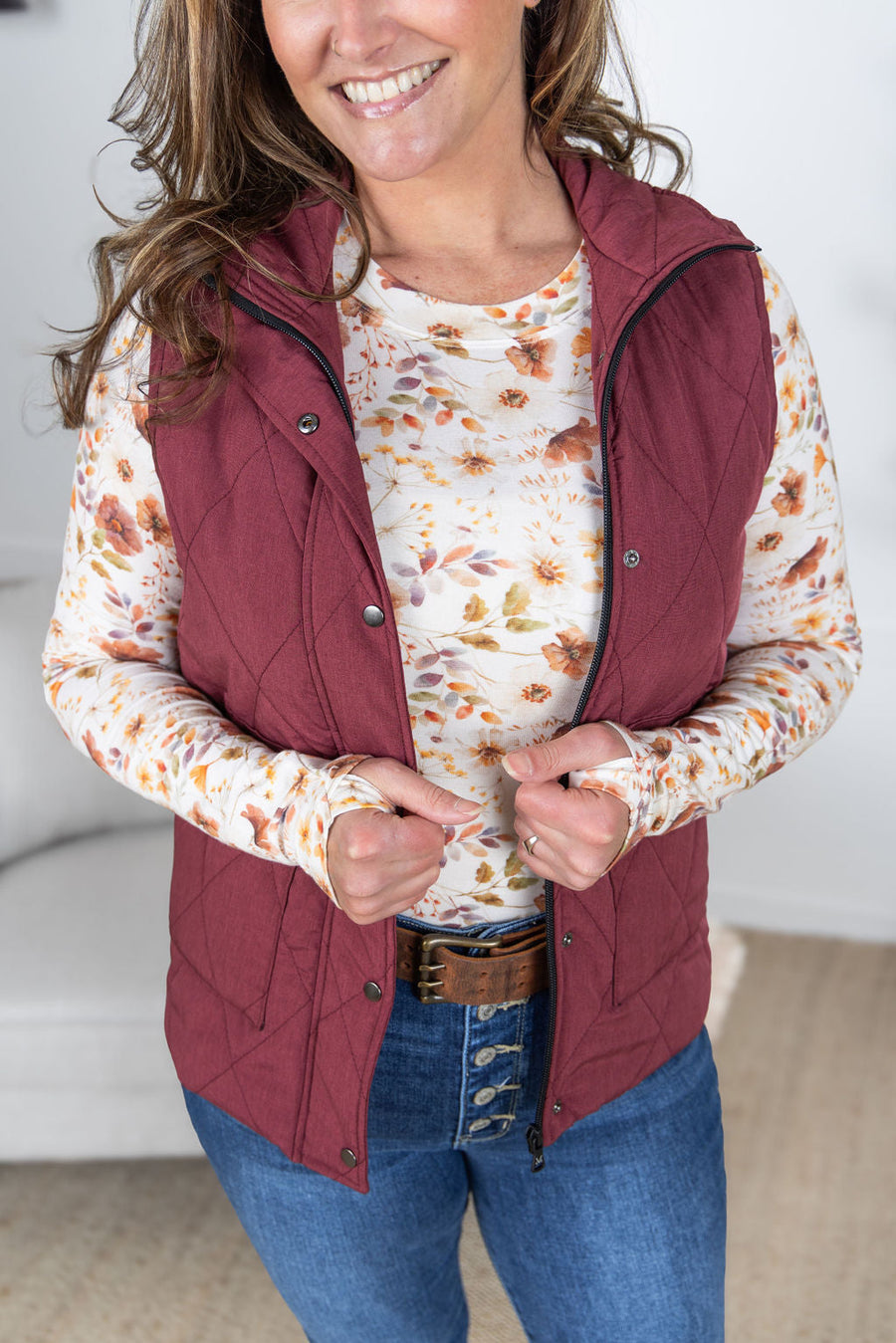 WAREHOUSE Remy Zip Up Vest - Heathered Burgundy