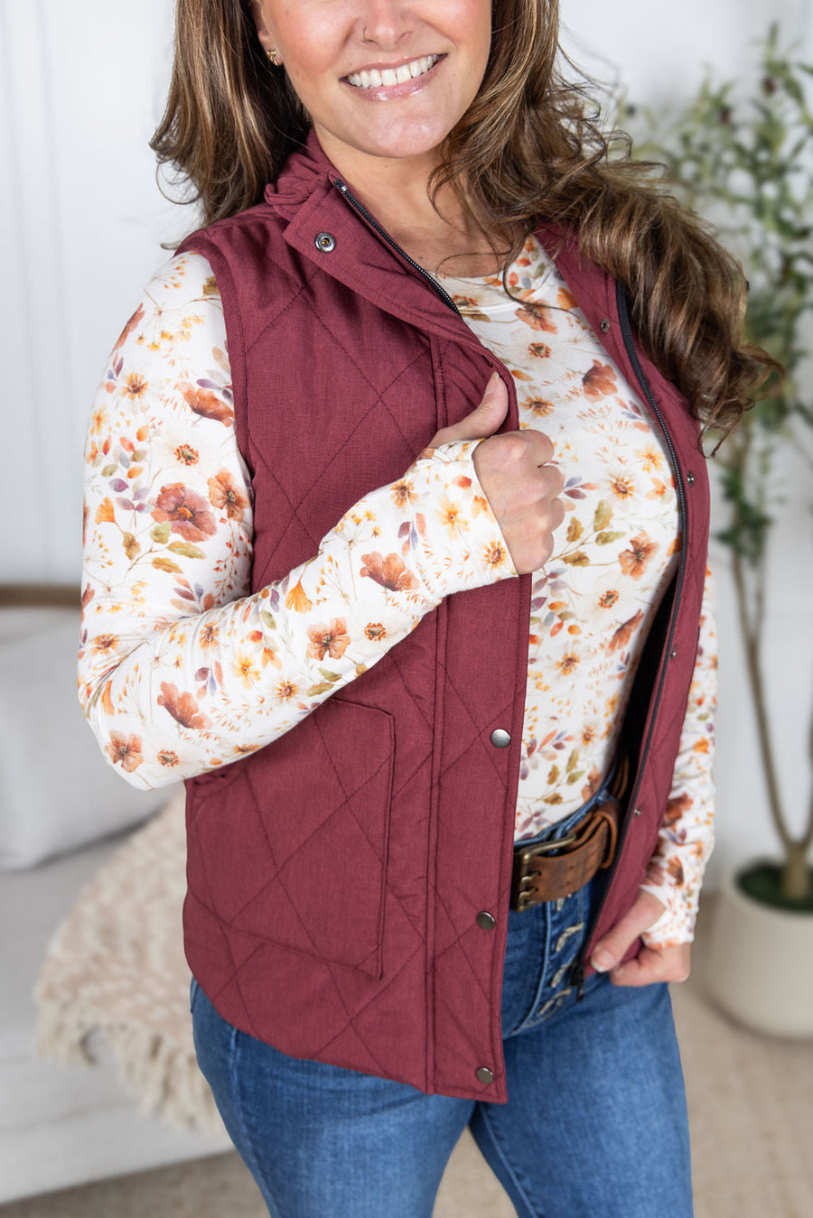 WAREHOUSE Remy Zip Up Vest - Heathered Burgundy