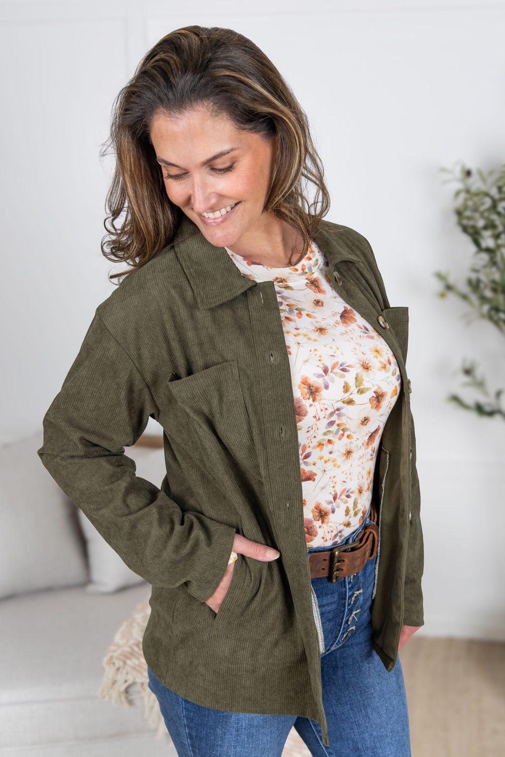 WAREHOUSE Lightweight Corduroy Button Down - Olive