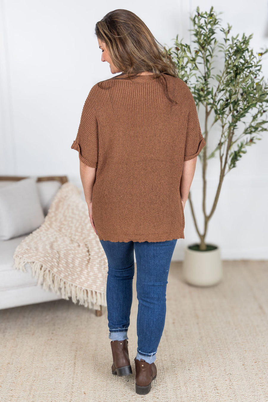WAREHOUSE Annie Open Knit Top - Brown
