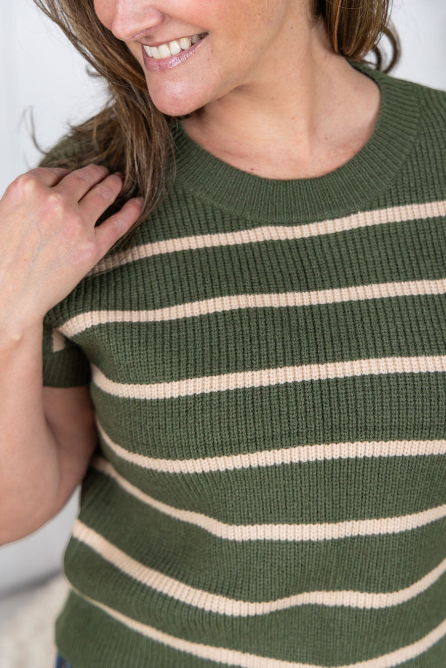 WAREHOUSE Striped Sweater Top - Olive