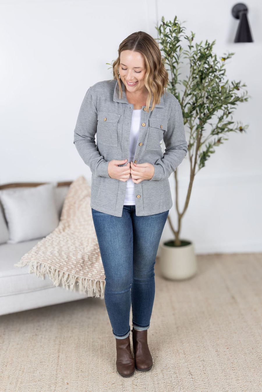 WAREHOUSE Waffle Knit Button Top - Grey