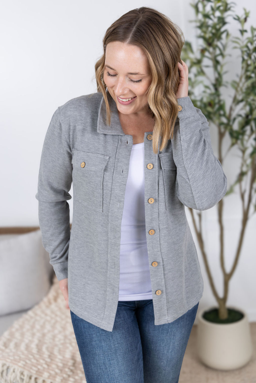 WAREHOUSE Waffle Knit Button Top - Grey