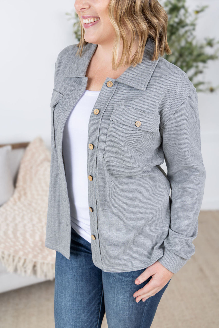 WAREHOUSE Waffle Knit Button Top - Grey