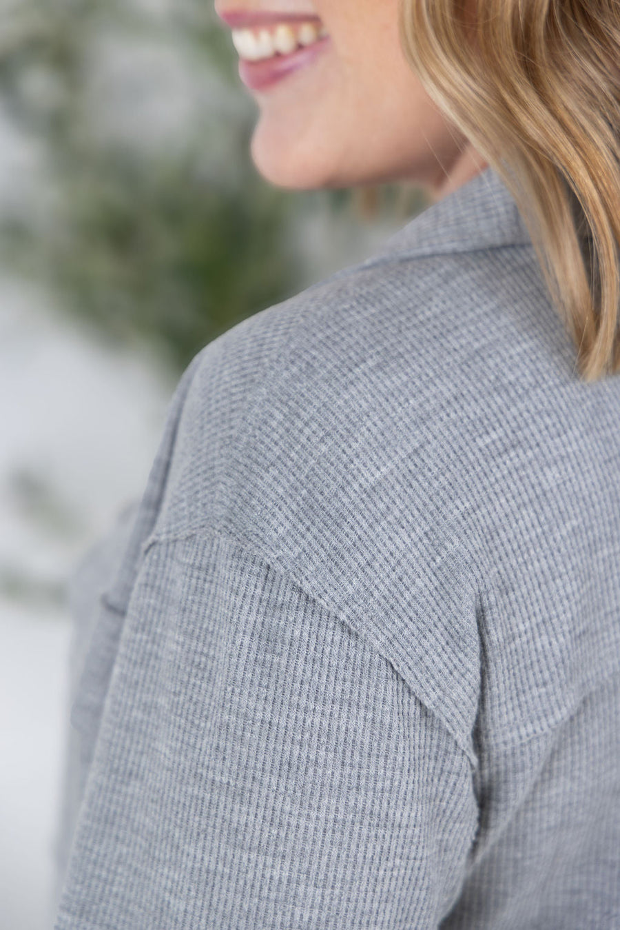 WAREHOUSE Waffle Knit Button Top - Grey