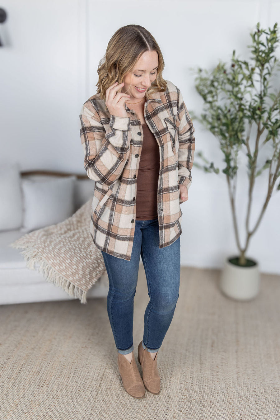 WAREHOUSE Norah Plaid Shacket - Beige Mix Plaid