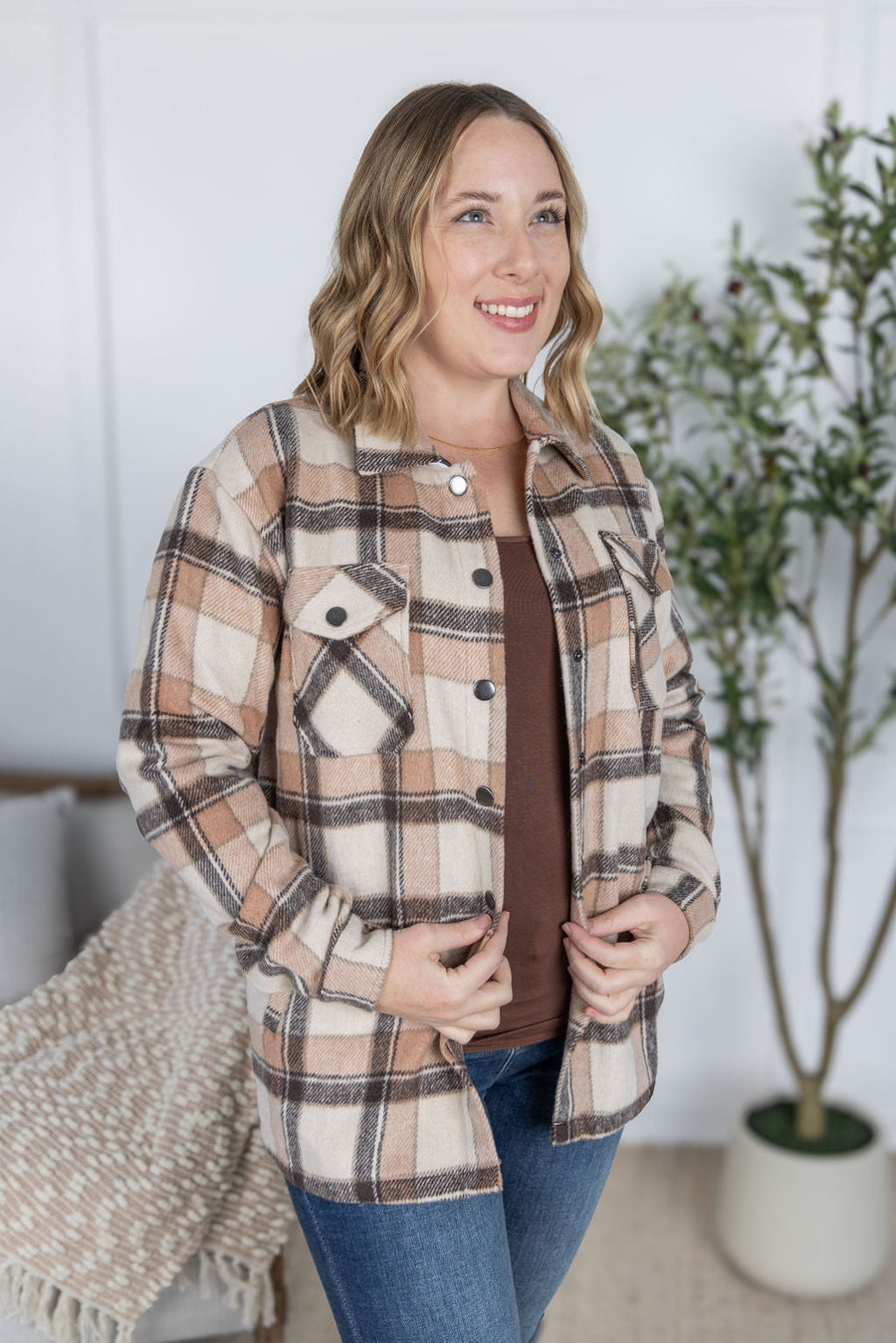 WAREHOUSE Norah Plaid Shacket - Beige Mix Plaid
