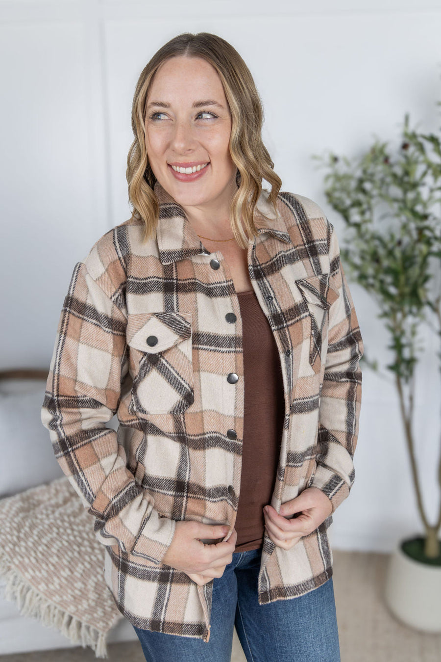 WAREHOUSE Norah Plaid Shacket - Beige Mix Plaid
