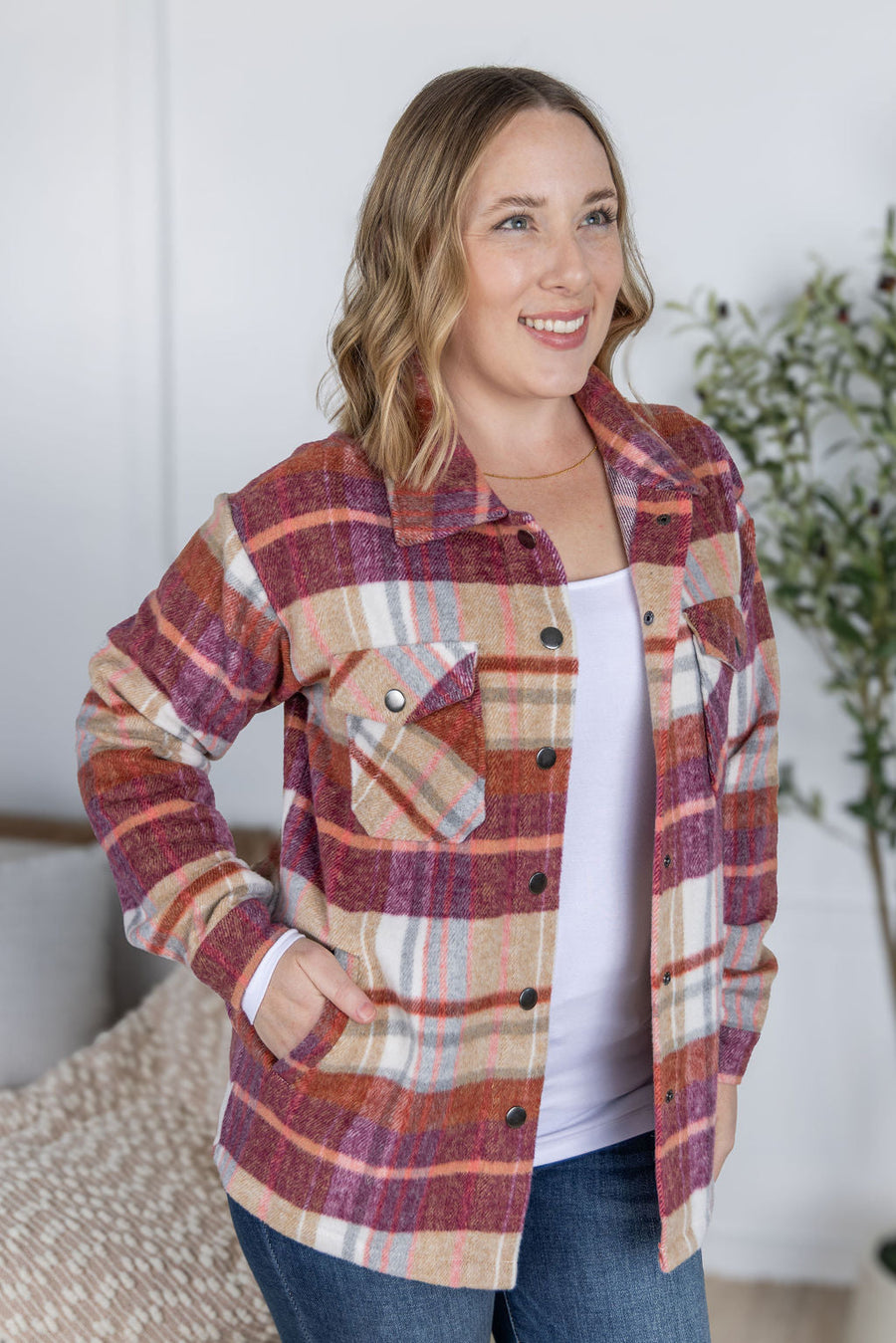 WAREHOUSE Norah Plaid Shacket - Sunset Plaid