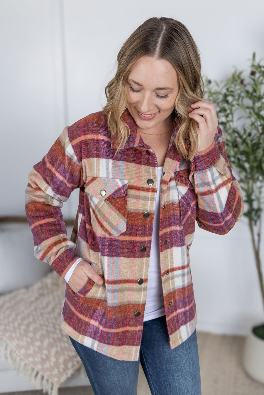 WAREHOUSE Norah Plaid Shacket - Sunset Plaid