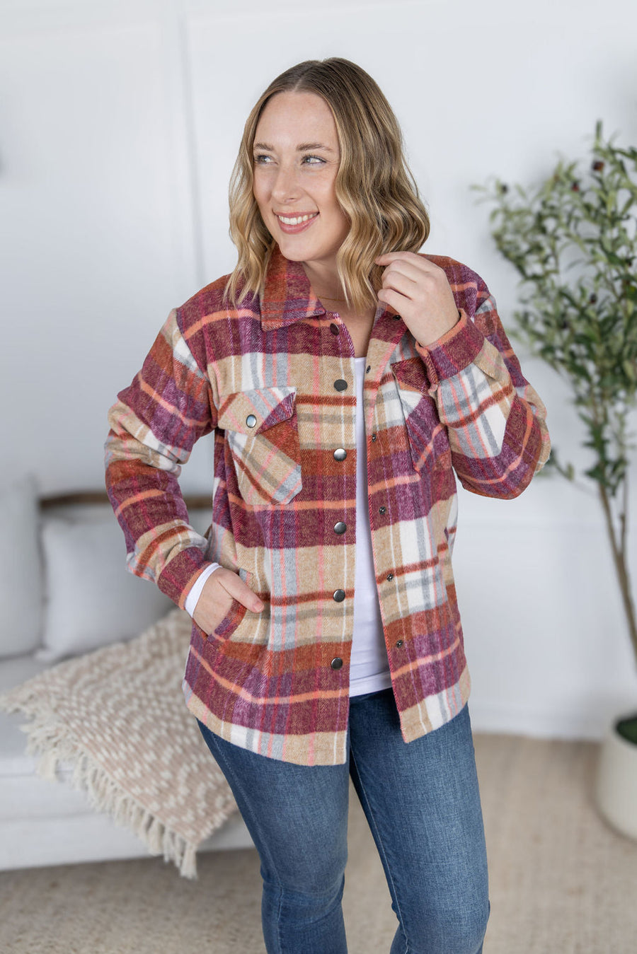 WAREHOUSE Norah Plaid Shacket - Sunset Plaid