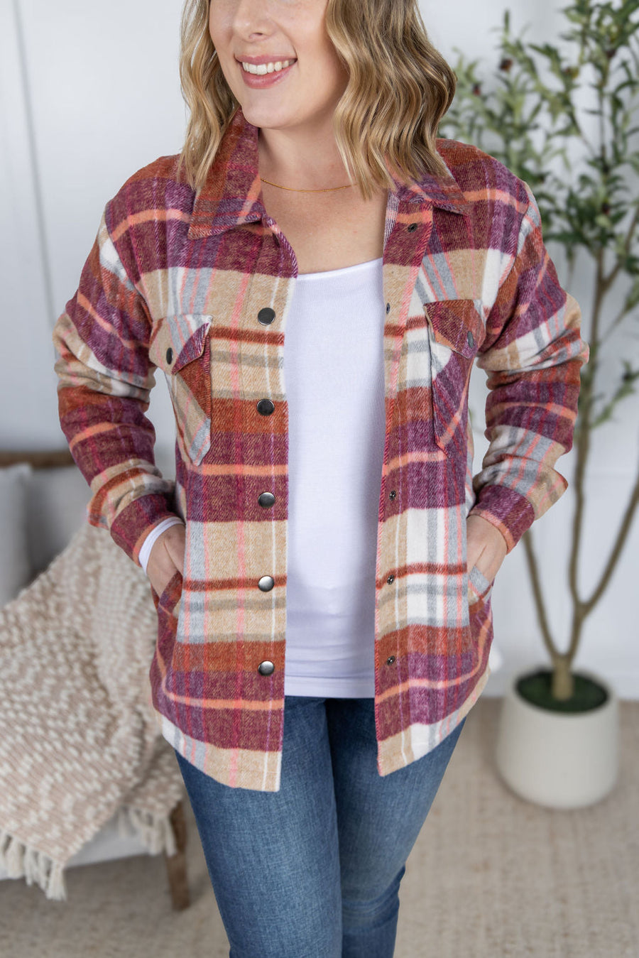 WAREHOUSE Norah Plaid Shacket - Sunset Plaid