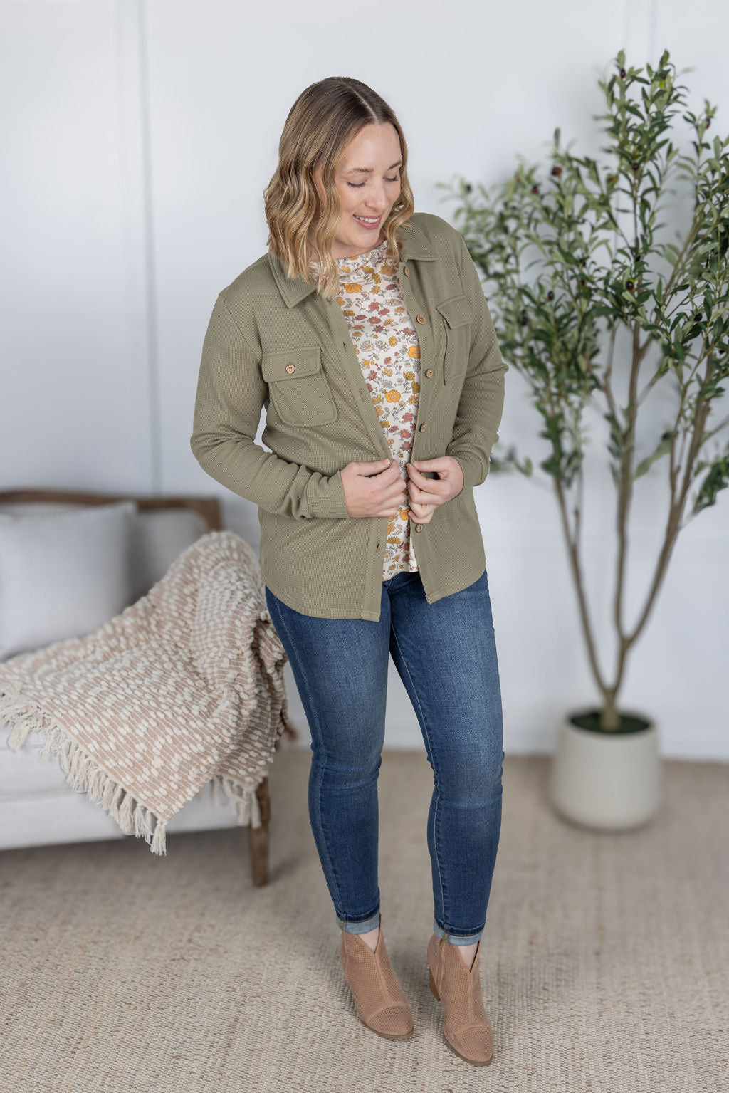 WAREHOUSE Thermal Knit Button Top - Light Olive