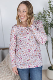 WAREHOUSE Button Snap Henley Top - Pink Fall Vintage Floral