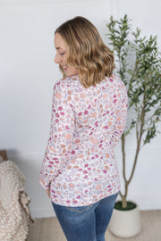 WAREHOUSE Button Snap Henley Top - Pink Fall Vintage Floral