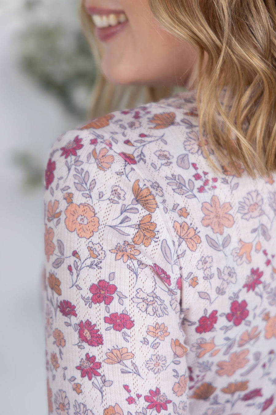 WAREHOUSE Button Snap Henley Top - Pink Fall Vintage Floral