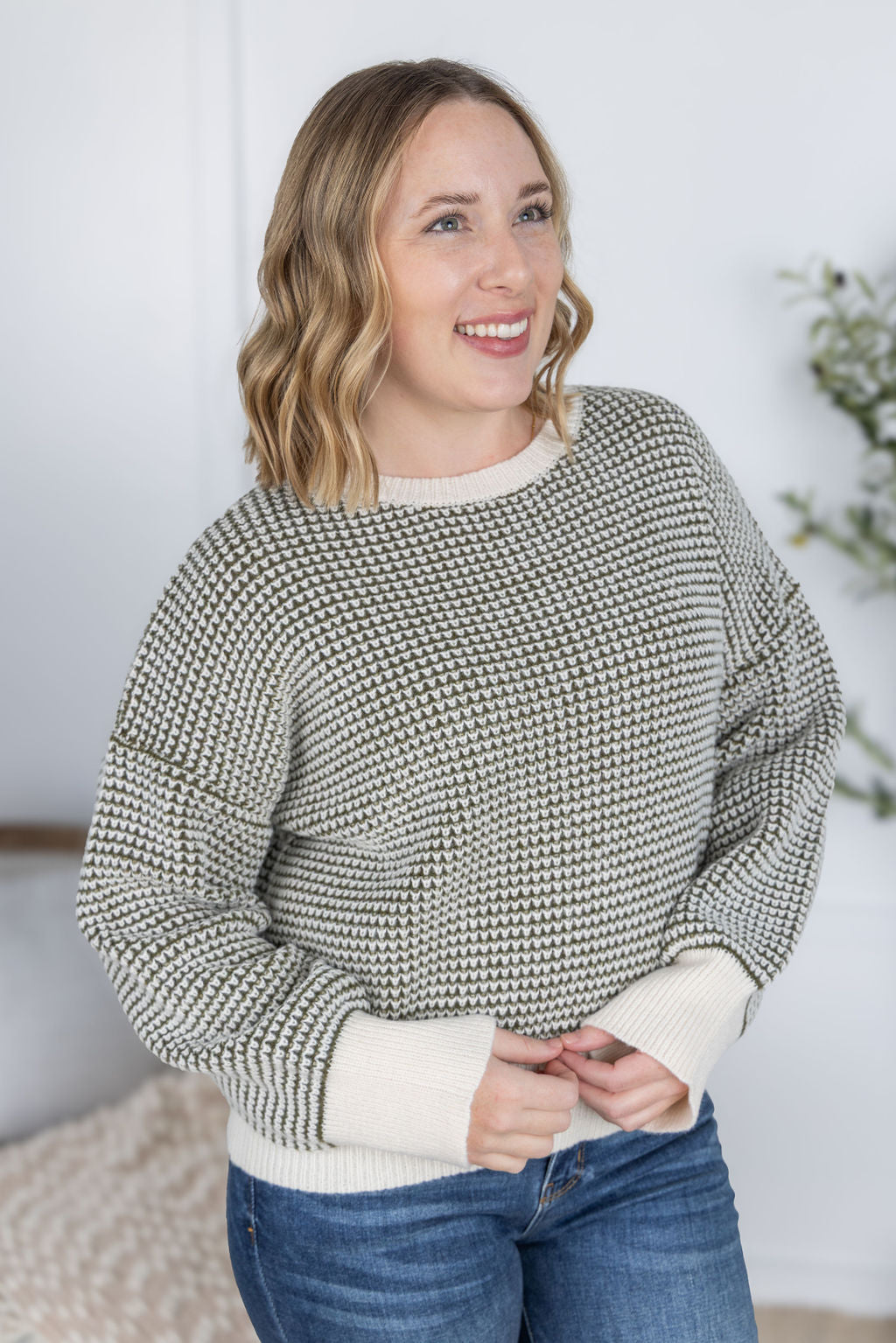 WAREHOUSE Charlotte Sweater - Olive and Cream FINAL SALE