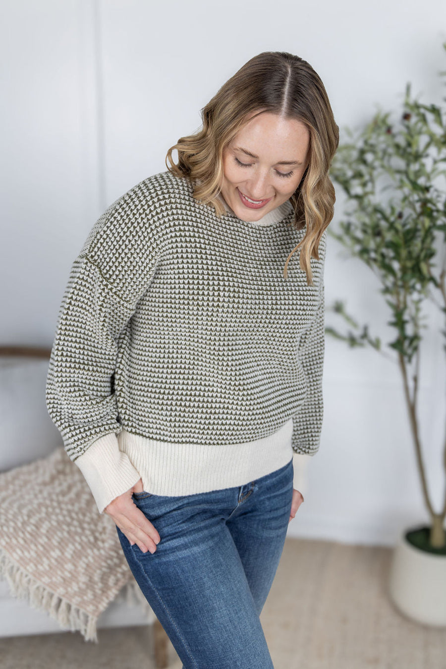 WAREHOUSE Charlotte Sweater - Olive and Cream FINAL SALE