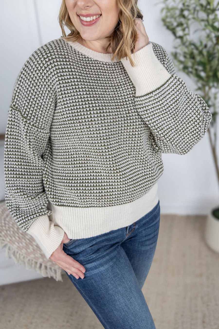 WAREHOUSE Charlotte Sweater - Olive and Cream FINAL SALE