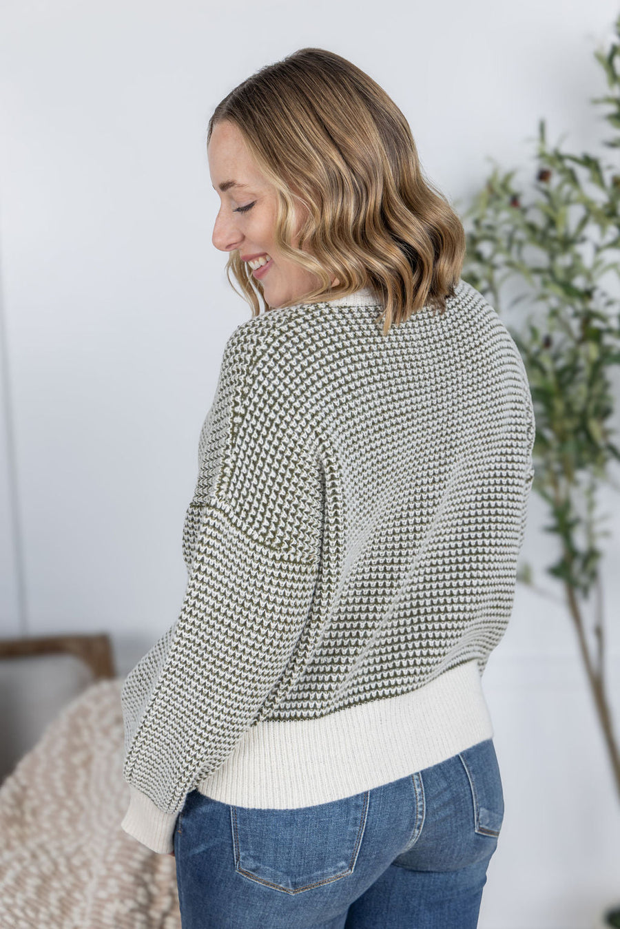 WAREHOUSE Charlotte Sweater - Olive and Cream FINAL SALE
