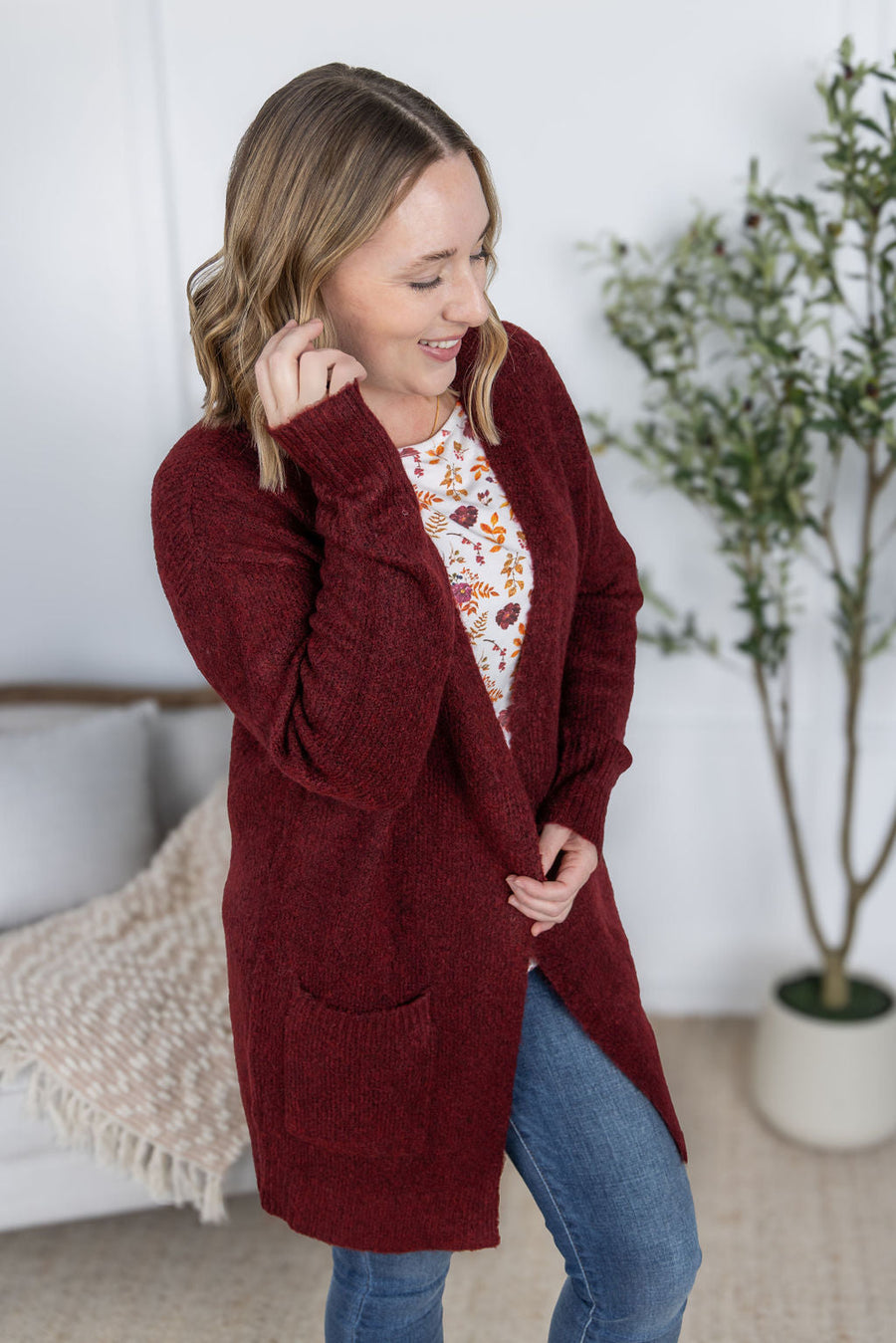 WAREHOUSE Madison Cozy Cardigan - Burgundy