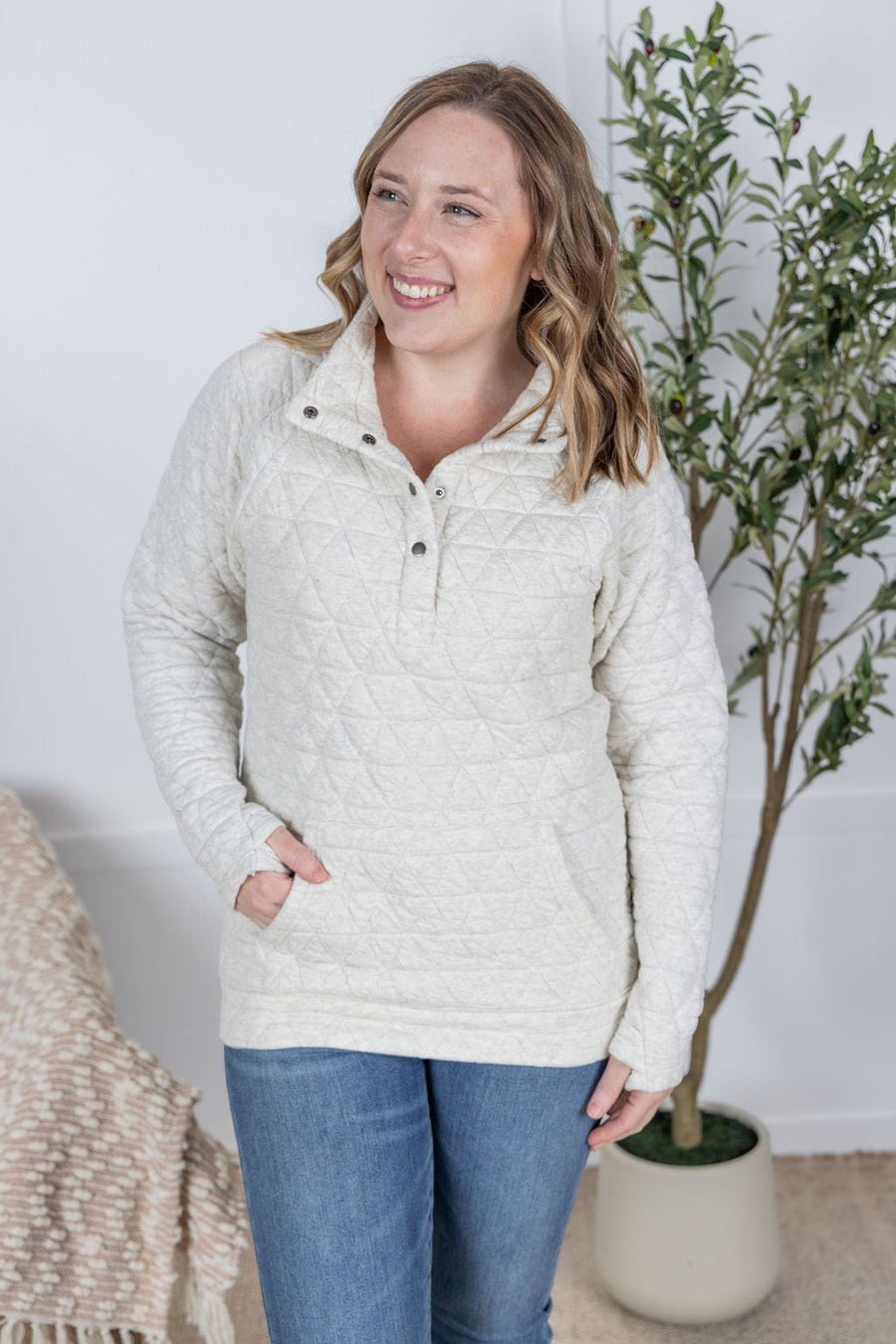 WAREHOUSE Geometric Button Snap Pullover - Oatmeal