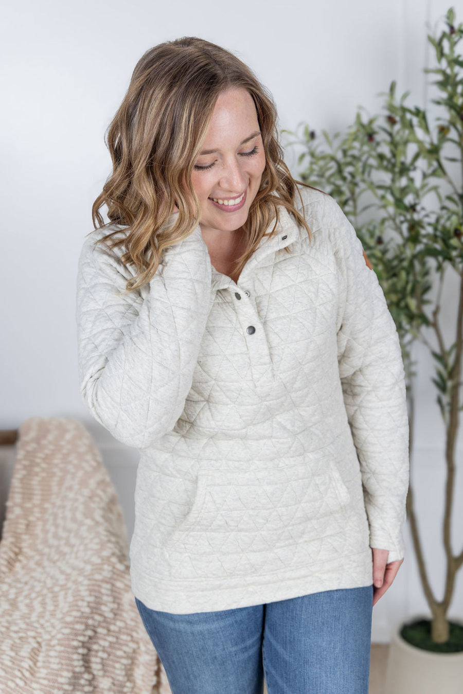 WAREHOUSE Geometric Button Snap Pullover - Oatmeal