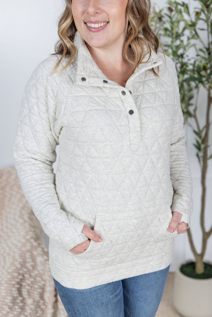 WAREHOUSE Geometric Button Snap Pullover - Oatmeal