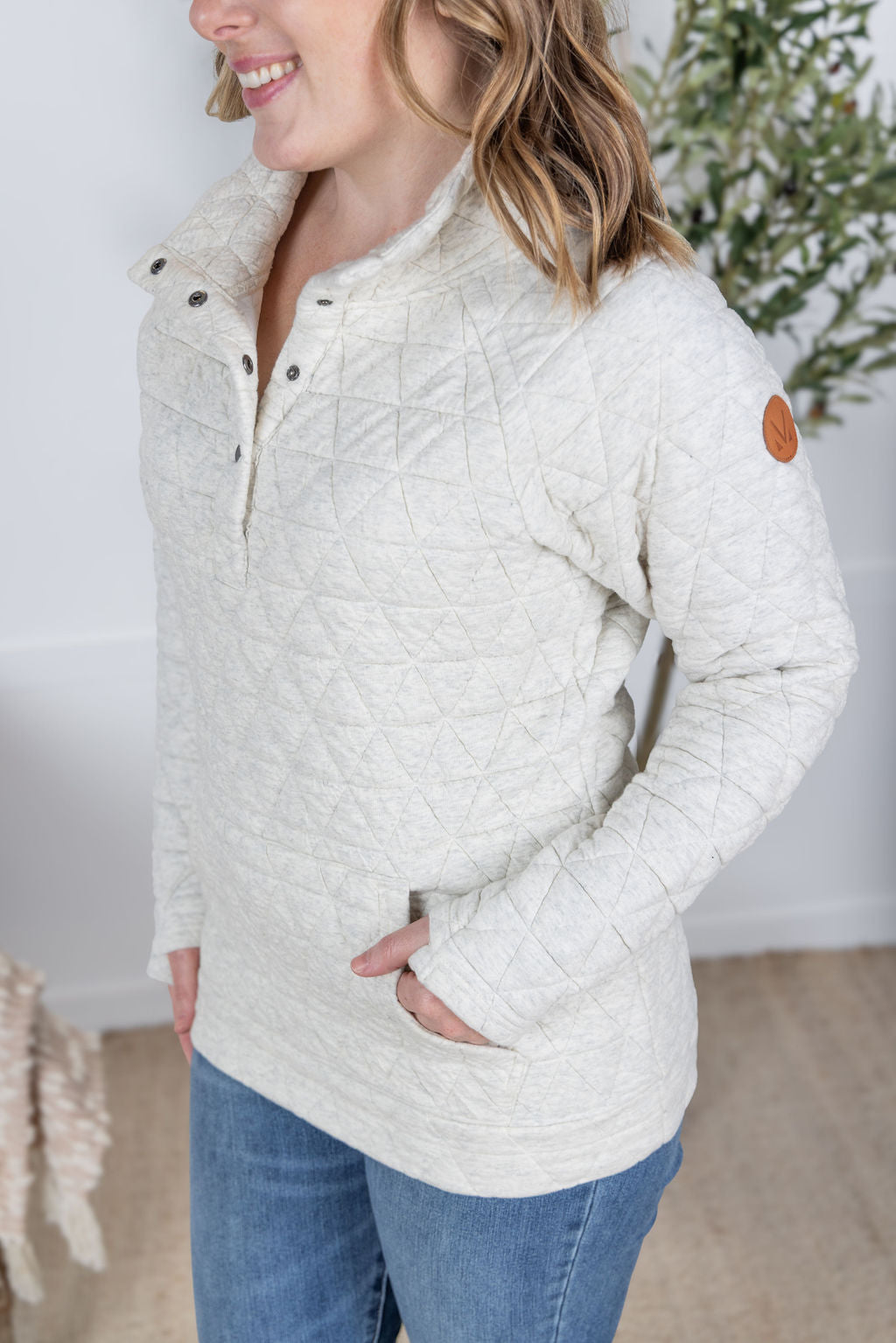 WAREHOUSE Geometric Button Snap Pullover - Oatmeal