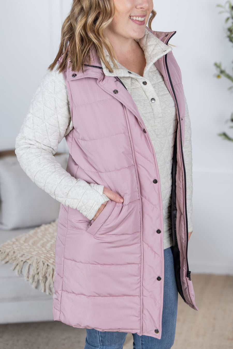 WAREHOUSE Harlow Long Vest - Blush