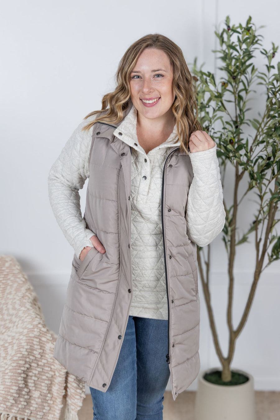 WAREHOUSE Harlow Long Vest - Latte