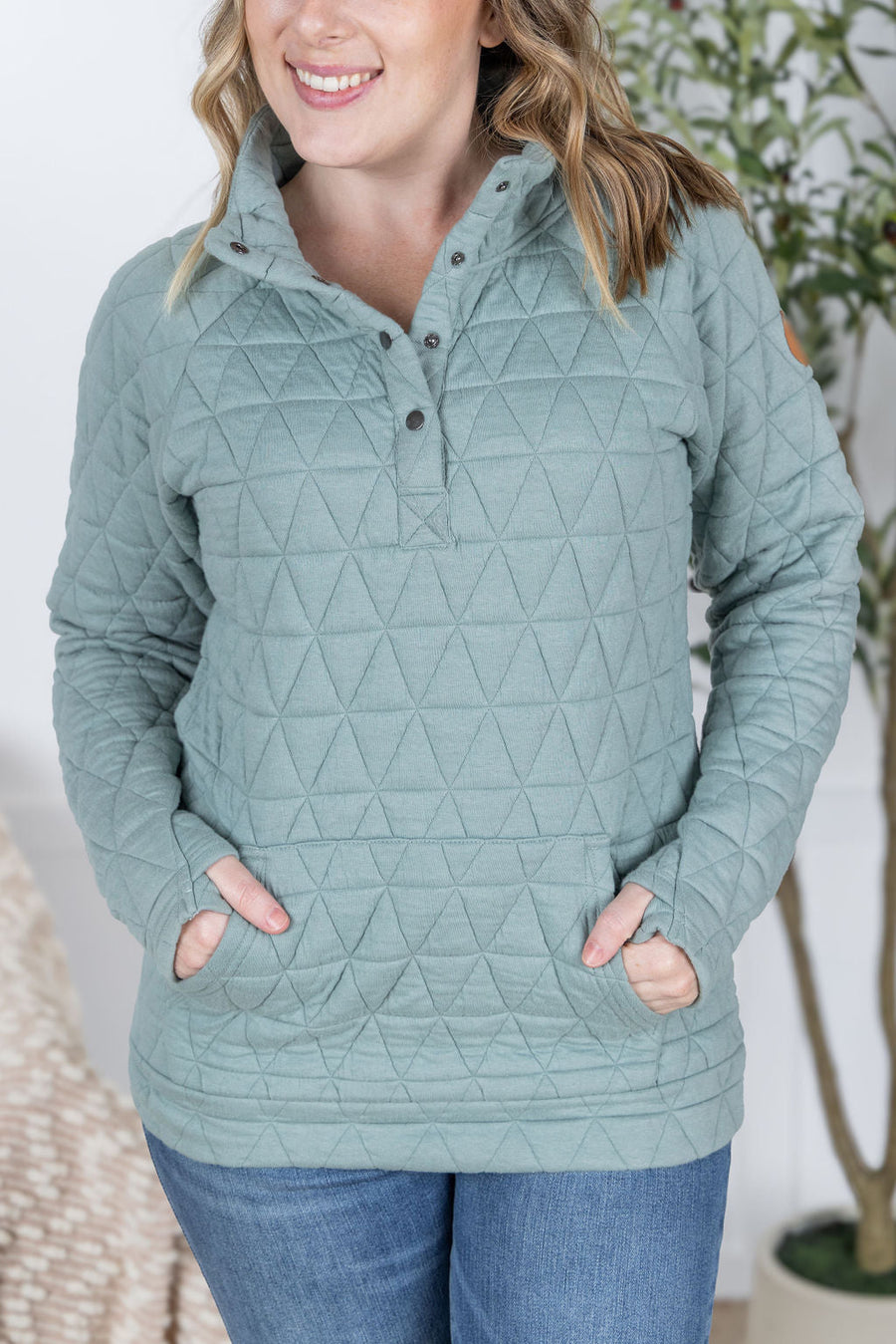 WAREHOUSE Geometric Button Snap Pullover - Sage