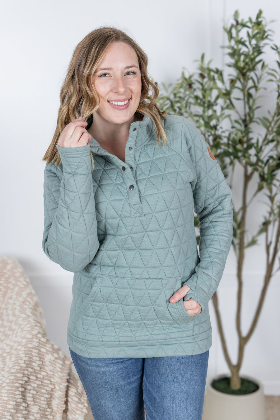 WAREHOUSE Geometric Button Snap Pullover - Sage