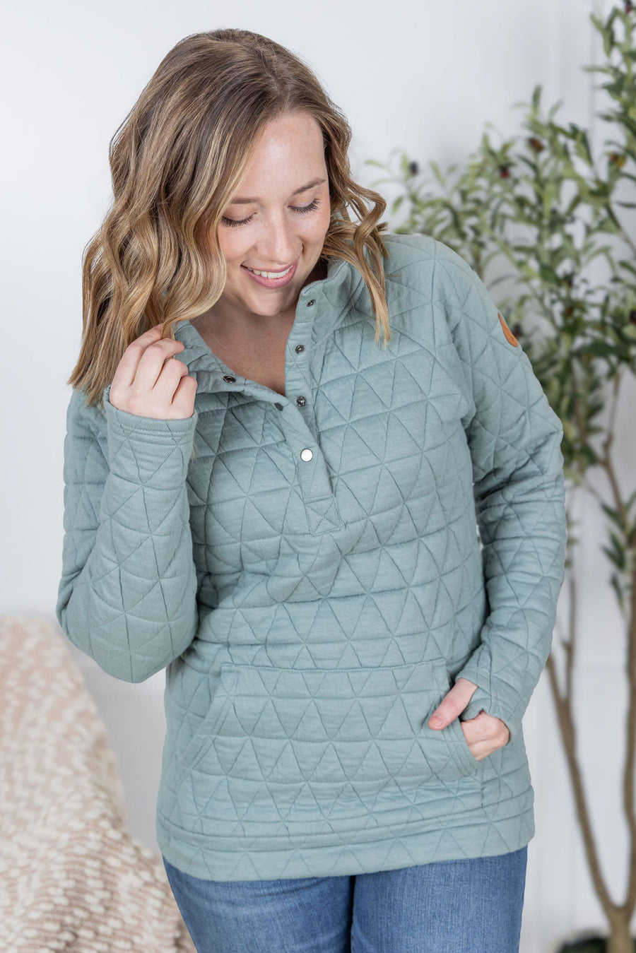 WAREHOUSE Geometric Button Snap Pullover - Sage