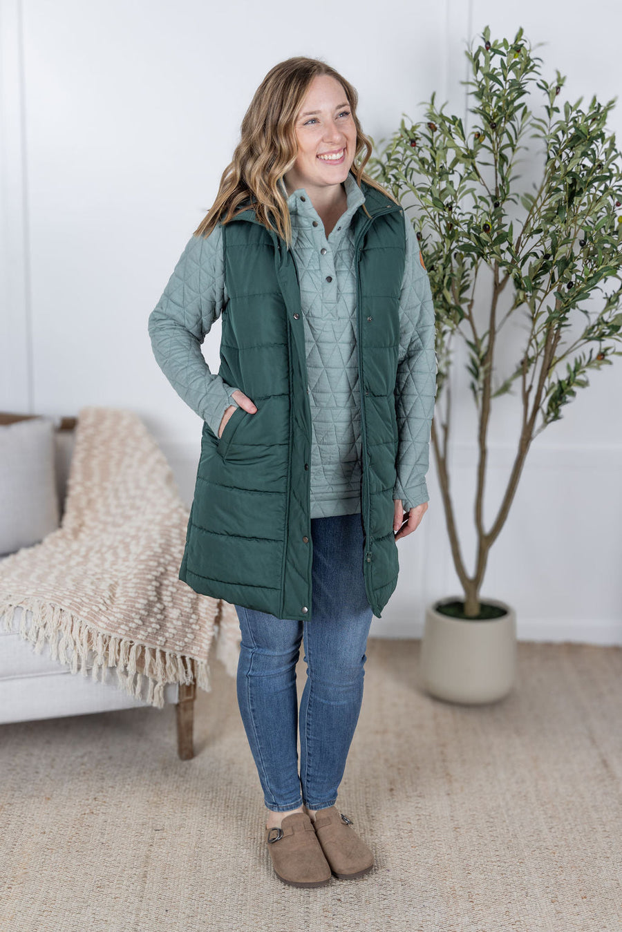 WAREHOUSE Harlow Long Vest - Hunter Green