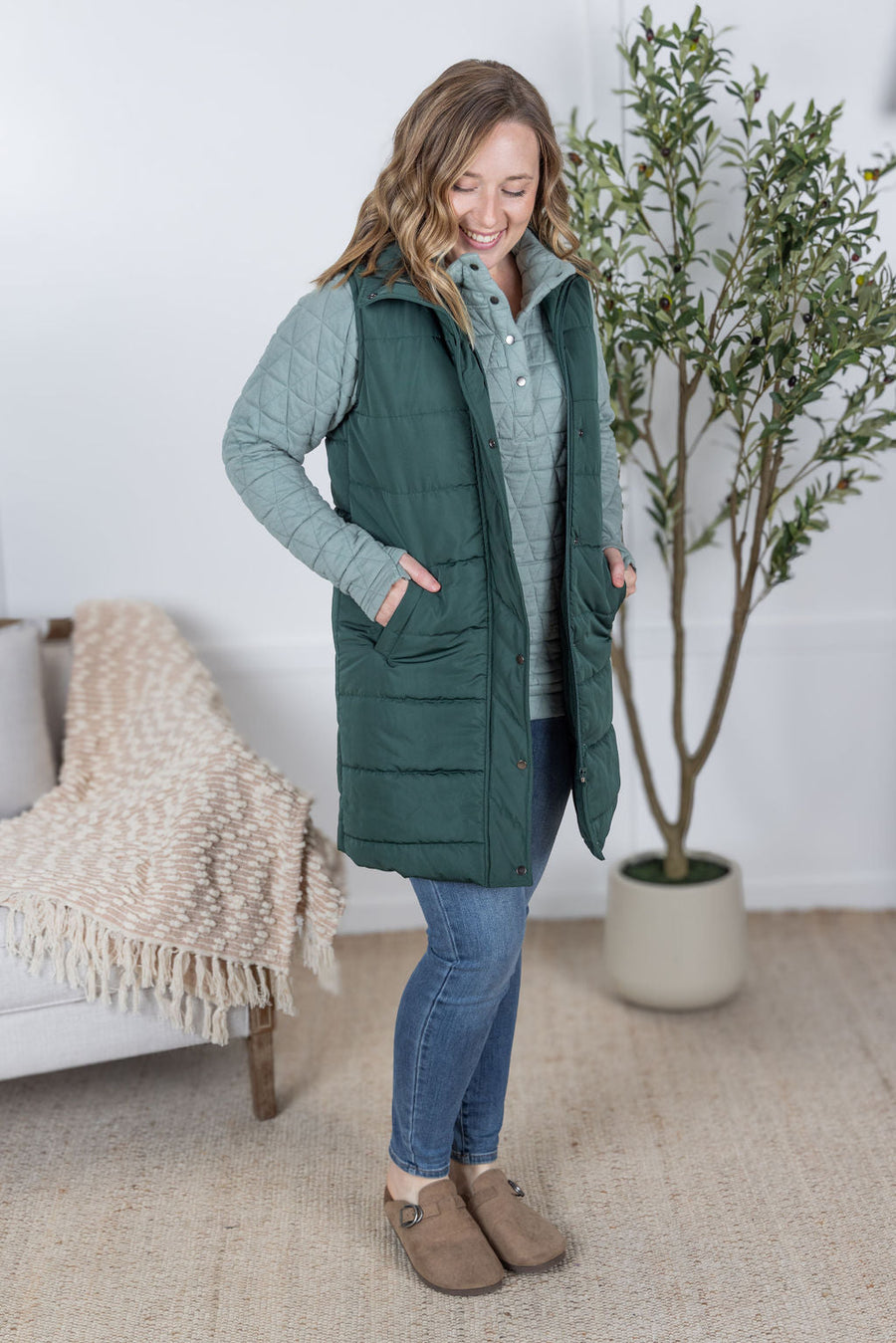 WAREHOUSE Harlow Long Vest - Hunter Green