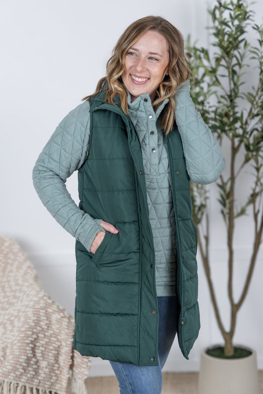 WAREHOUSE Harlow Long Vest - Hunter Green