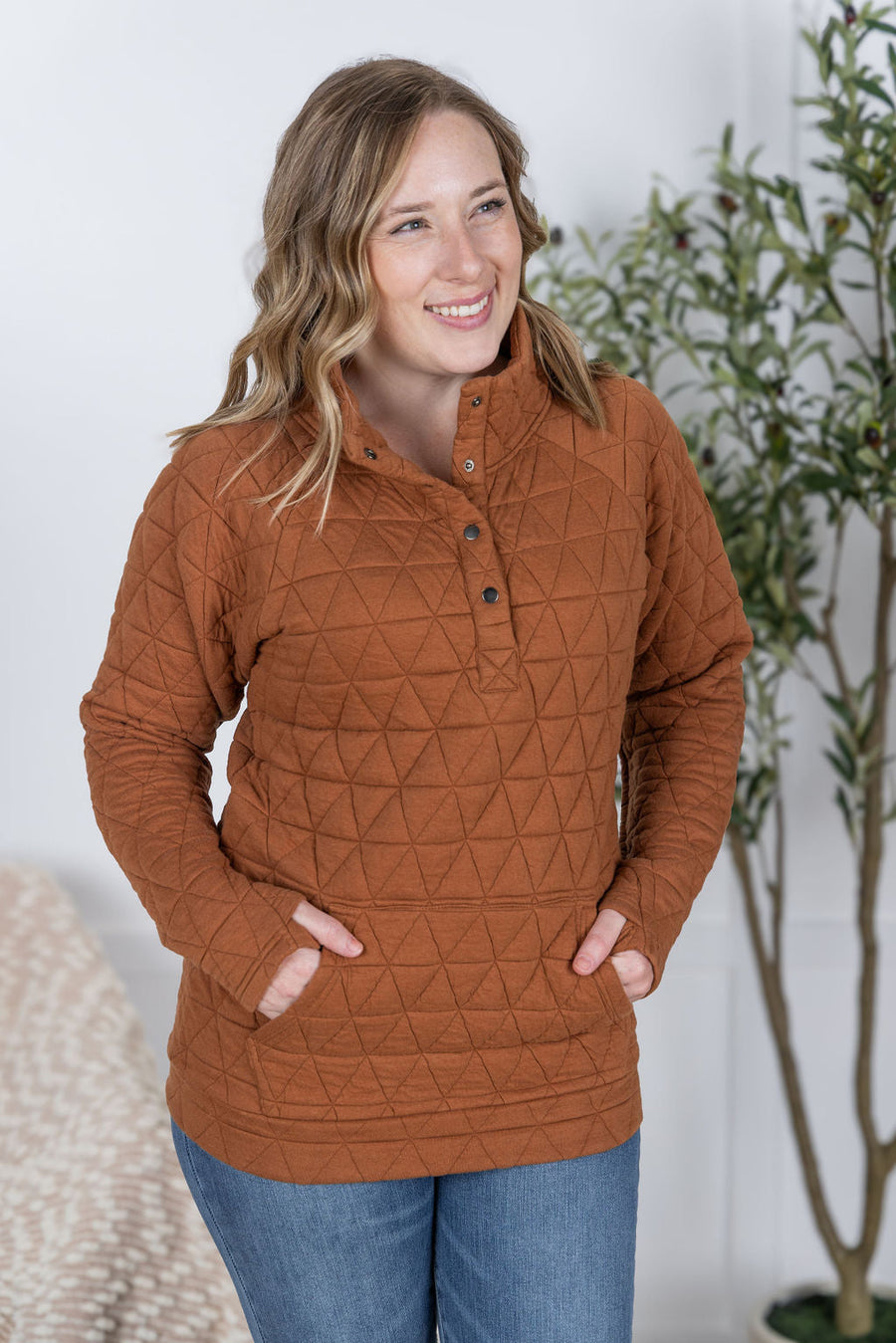 WAREHOUSE Geometric Button Snap Pullover - Rust