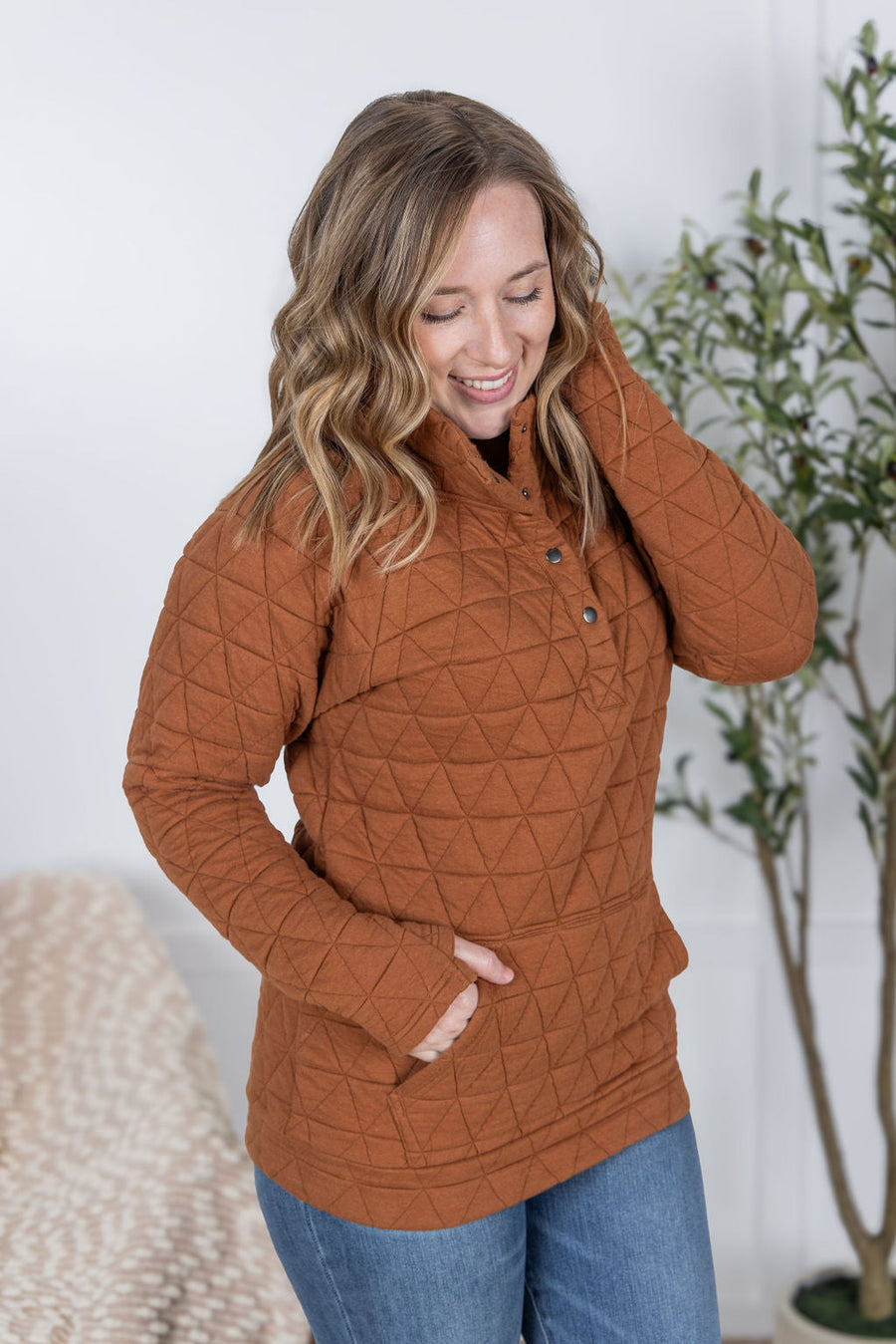 WAREHOUSE Geometric Button Snap Pullover - Rust