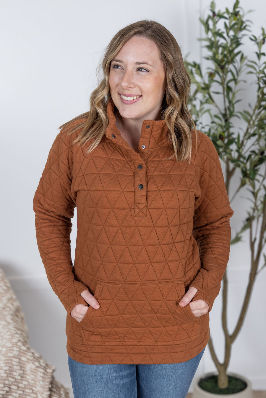 WAREHOUSE Geometric Button Snap Pullover - Rust
