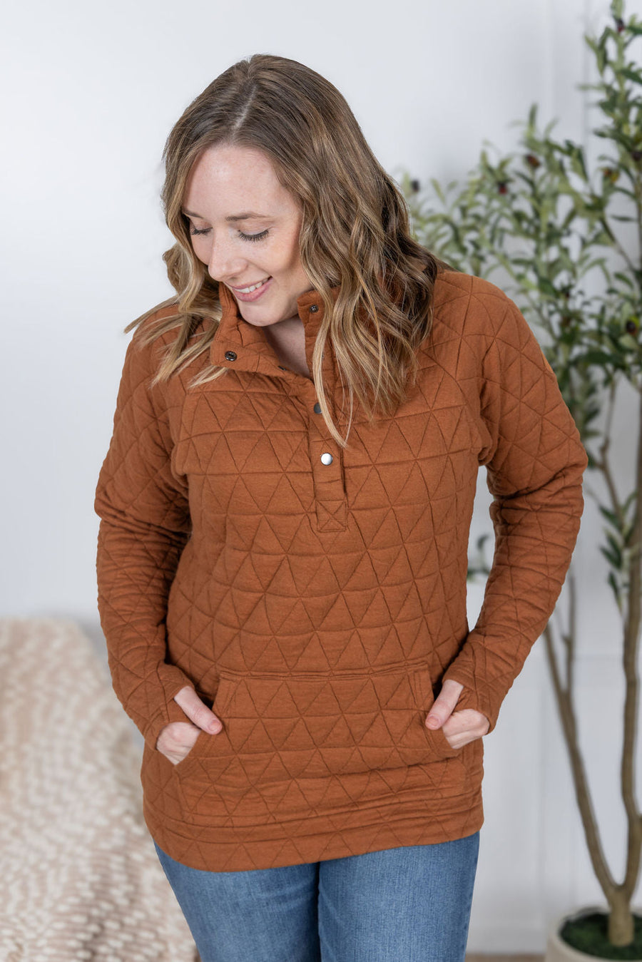 WAREHOUSE Geometric Button Snap Pullover - Rust