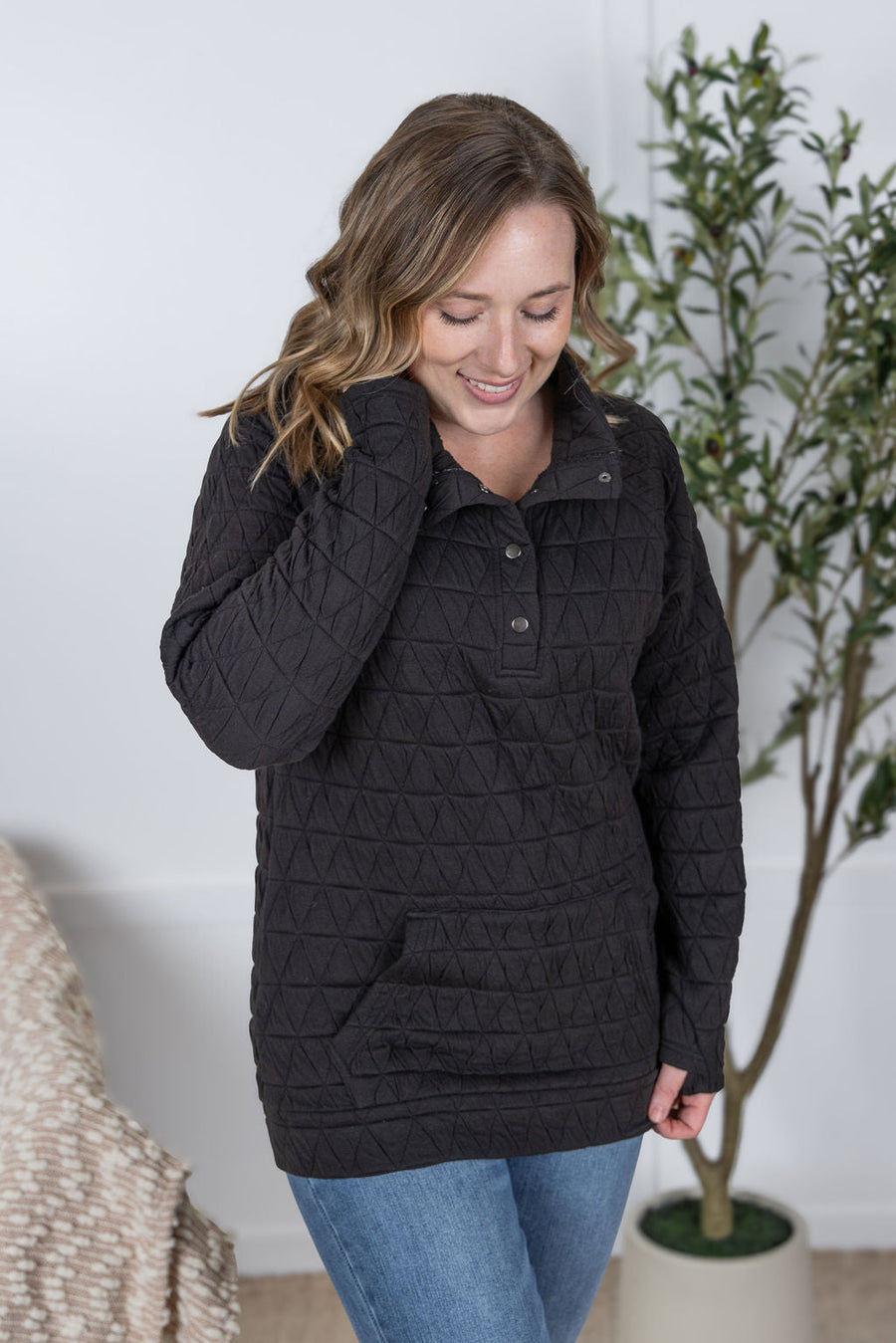 WAREHOUSE Geometric Button Snap Pullover - Black