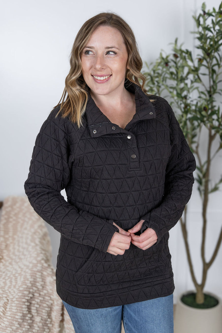 WAREHOUSE Geometric Button Snap Pullover - Black