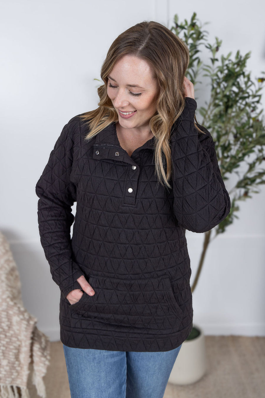 WAREHOUSE Geometric Button Snap Pullover - Black