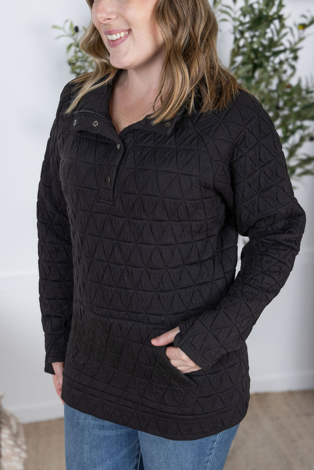 WAREHOUSE Geometric Button Snap Pullover - Black
