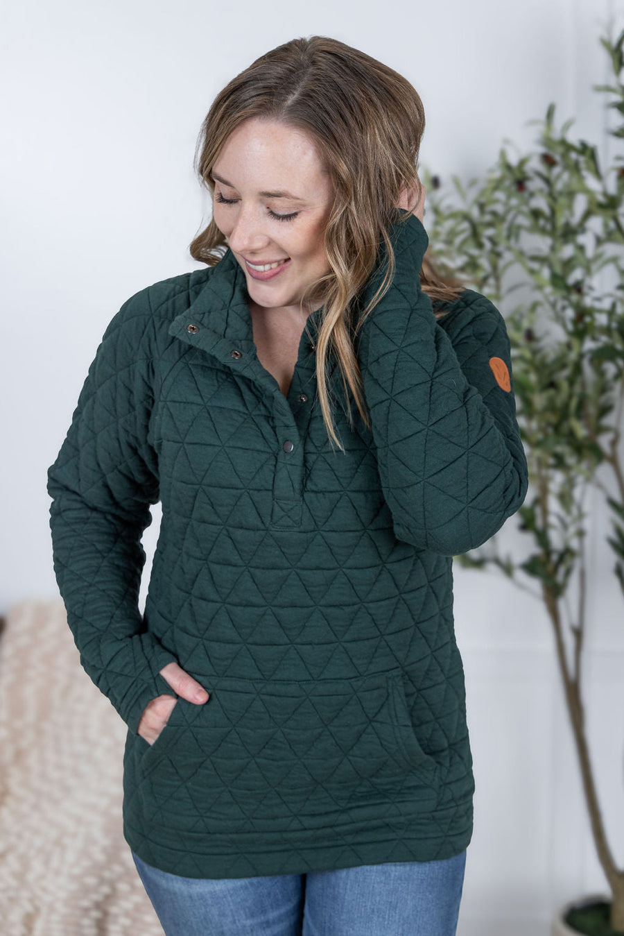 WAREHOUSE Geometric Button Snap Pullover - Hunter Green