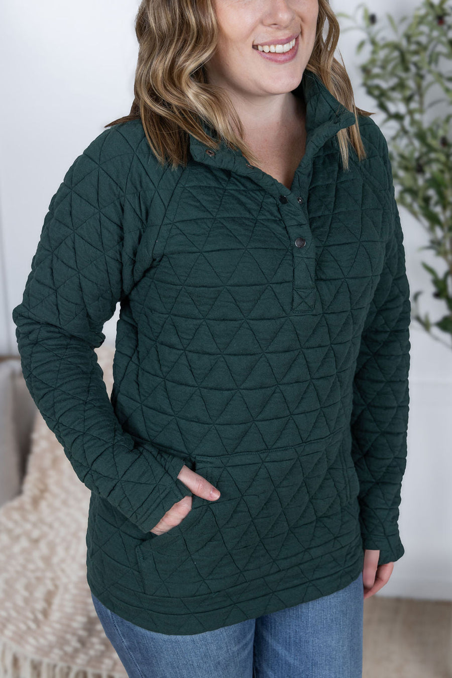 WAREHOUSE Geometric Button Snap Pullover - Hunter Green